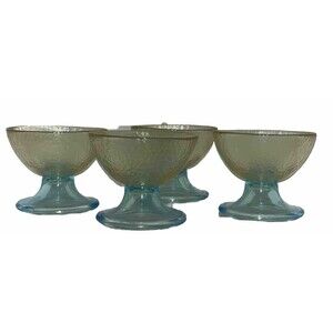 Vetreria Lux Set Of 4 Yellow Blue Footed Dessert Bowl Compote Hand Blown